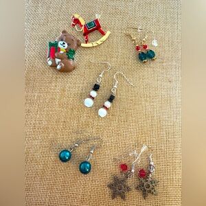 Christmas Jewelry Lot Brooch Earrings Teddy Bear Rocking Horse Snowman